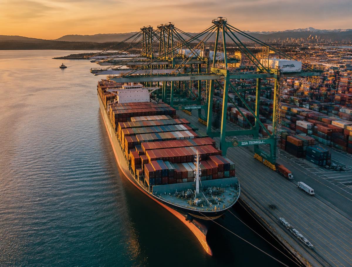 Cargo ship being loaded at a West Coast port